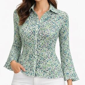 Sioni Floral Pleated Blouse Size Small Green Blue Button Front Stretch Top Chic